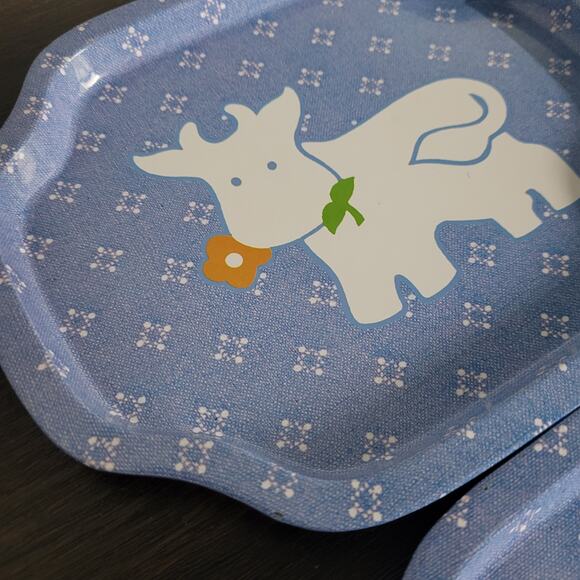 1980s Country Calico Tin Snack Trays Set of 4 Farm Animals Blue Floral Cottage - Picture 4 of 9
